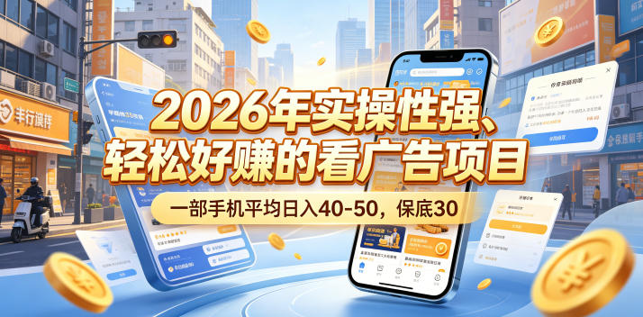 2026年实操性强、轻松好賺的看广告项目，一部手机平均日入40-50，保底30米【揭秘】——生财有道创业项目网
