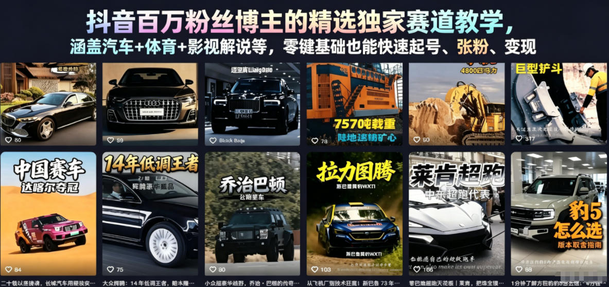 图片[1]-抖音百万粉丝博主的精选独家赛道教学，涵盖汽车+体育+影视解说等，零基础也能快速起号、涨粉、变现——生财有道创业项目网-生财有道