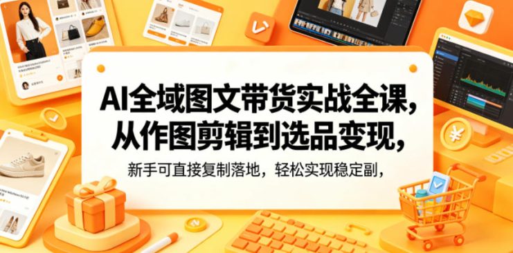 AI全域图文带货实战全课，从作图剪辑到选品变现，新手可直接复制落地，轻松实现稳定副业增收——生财有道创业项目网