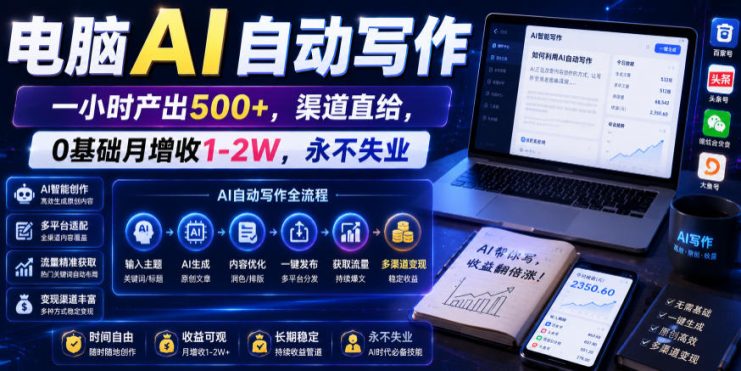 电脑AI自动写作，一小时产出500+，渠道直给，0基础月增收1-2W，永不失业【揭秘】——生财有道创业项目网