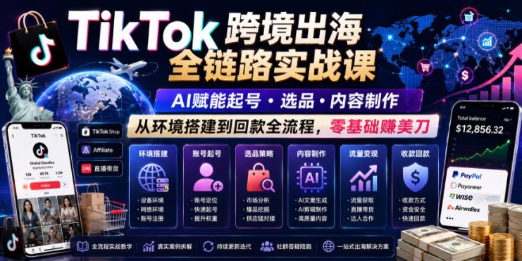 TikTok跨境出海全链路实战课，AI赋能起号・选品・内容制作，从环境搭建到回款全流程，零基础賺美刀——生财有道创业项目网