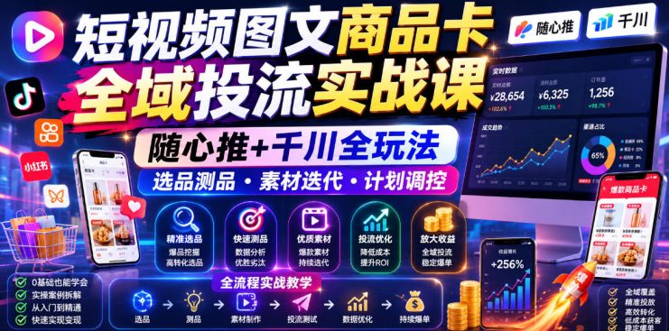 短视频图文商品卡全域投流实战课，随心推+千川全玩法，选品测品・素材迭代・计划调控，提升ROI爆单增收教程——生财有道创业项目网