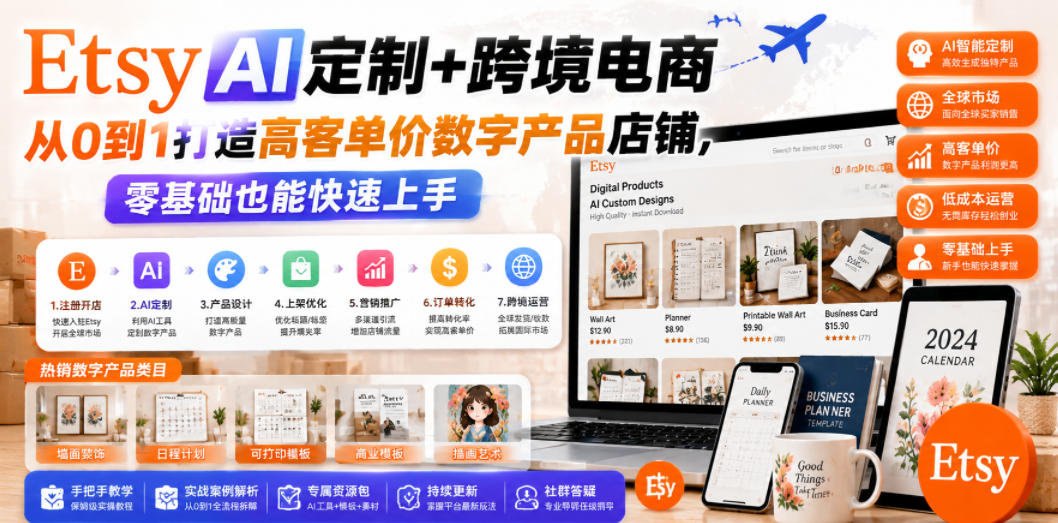 图片[1]-Etsy AI定制+跨境电商，从0到1打造高客单价数字产品店铺，零基础也能快速上手——生财有道创业项目网-生财有道