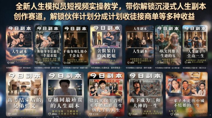 全新人生模拟员短视频实操教学，带你解锁沉浸式人生副本创作赛道，解锁伙伴计划分成计划收徒接商单等多种收益——生财有道创业项目网