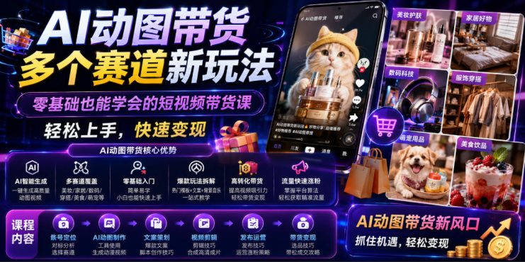 AI动图带货多个赛道新玩法，零基础也能学会的短视频带货课，轻松上手，快速变现——生财有道创业项目网