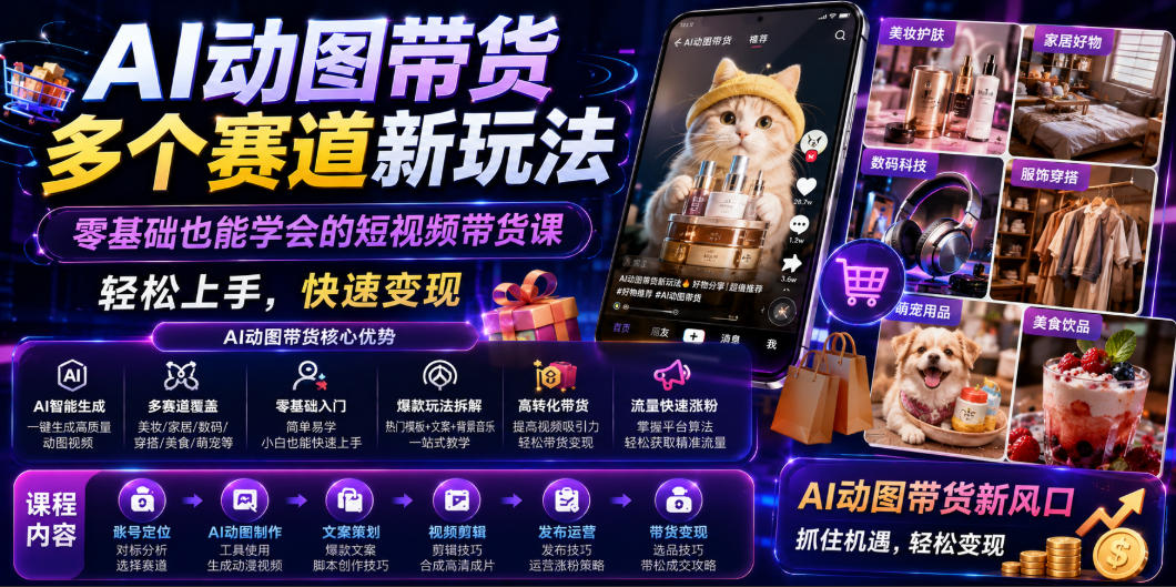 图片[1]-AI动图带货多个赛道新玩法，零基础也能学会的短视频带货课，轻松上手，快速变现——生财有道创业项目网-生财有道