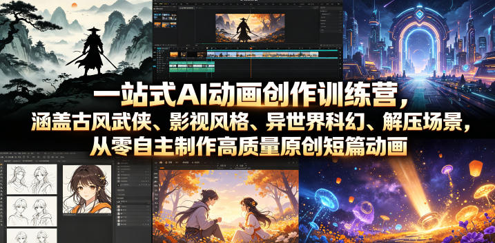一站式AI动画创作训练营，涵盖古风武侠、影视风格、异世界科幻、解压场景，从零自主制作高质量原创短篇动画——生财有道创业项目网