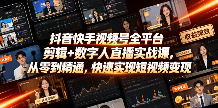 图片[1]-抖音快手视频号全平台剪辑+数字人直播实战课，从零到精通，快速实现短视频变现(更新2026年6月)​——生财有道创业项目网-生财有道