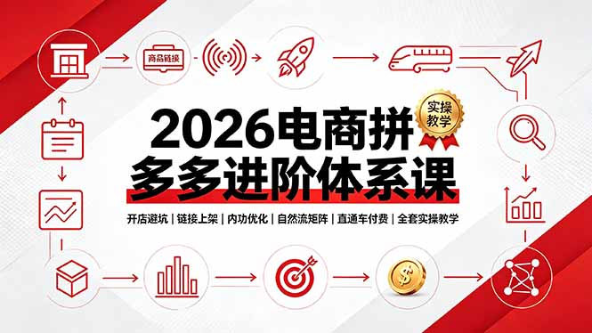 （19206期）2026电商拼多多进阶体系课，开店避坑，链接上架，内功优化，自然流矩阵｜直通车付费｜全套实操教学_生财有道创业项目网