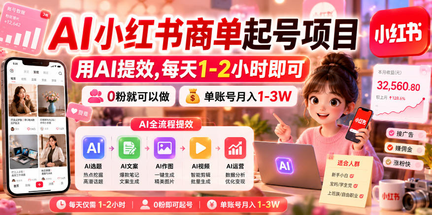 图片[1]-AI小红书商单起号项目，用AI提效,每天1-2小时即可，0粉就可以做，单账号月入1-3W——生财有道创业项目网-生财有道