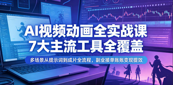 AI视频动画全实战课，7大主流工具全覆盖，多场景从提示词到成片全流程，副业接单账号变现提效——生财有道创业项目网