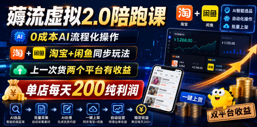 图片[1]-薅流虚拟2.0陪跑课，0成本AI流程化操作，淘宝+闲鱼同步玩法，上一次货两个平台有收益，单店每天200纯利润——生财有道创业项目网-生财有道