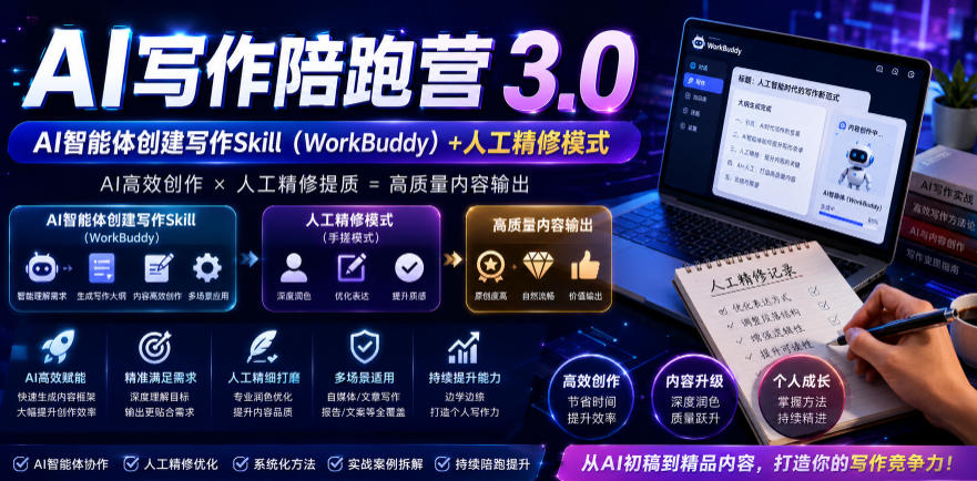 图片[1]-AI写作陪跑营3.0，Ai智能体创建写作skill（workbuddy）+人工手写模式（手搓模式），去除AI痕迹（头条号、公众号、百家号）——生财有道创业项目网-生财有道