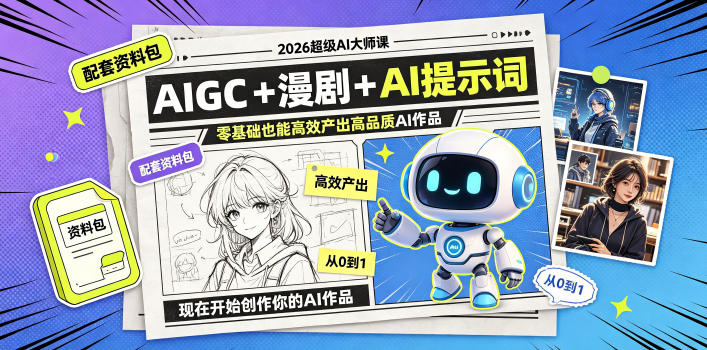 2026超级AI大师课，AIGC+漫剧+AI提示词+配套资料包，零基础也能高效产出高品质AI作品——生财有道创业项目网