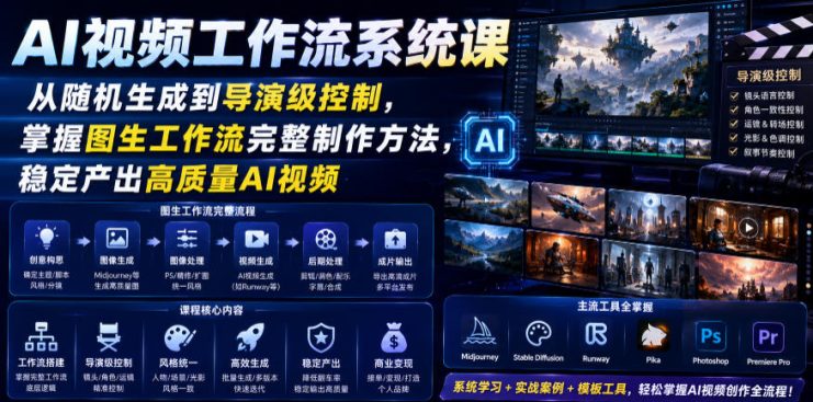 AI视频工作流系统课，从随机生成到导演级控制，掌握图生工作流完整制作方法，稳定产出高质量AI视频——生财有道创业项目网