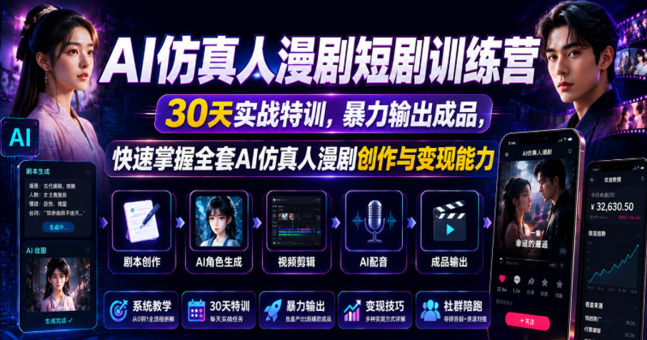 图片[1]-AI仿真人漫剧短剧训练营，30天实战特训，暴力输出成品，快速掌握全套AI仿真人漫剧创作与变现能力——生财有道创业项目网-生财有道