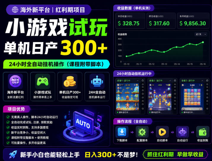 图片[1]-海外新平台，小游戏试玩，单机日产300+，24小时全自动挂G操作（课程附带脚本）【揭秘】——生财有道创业项目网-生财有道