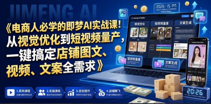 电商人必学的即梦AI实战课！从视觉优化到短视频量产，一键搞定店铺图文、视频、文案全需求——生财有道创业项目网