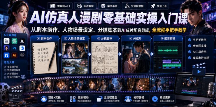 AI仿真人漫剧零基础实操入门课，从剧本创作、人物场景设定、分镜脚本到AI成片配音剪辑，全流程手把手教学——生财有道创业项目网