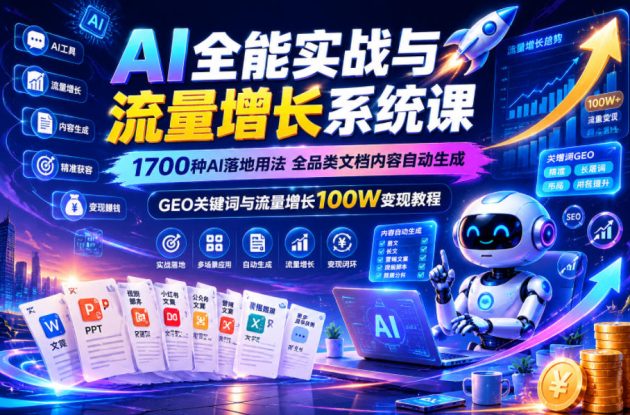 AI全能实战与流量增长系统课，1700种AI落地用法，全品类文档内容自动生成，GEO关键词与流量增长100W变现教程——生财有道创业项目网