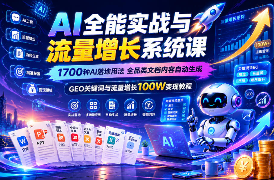 图片[1]-AI全能实战与流量增长系统课，1700种AI落地用法，全品类文档内容自动生成，GEO关键词与流量增长100W变现教程——生财有道创业项目网-生财有道