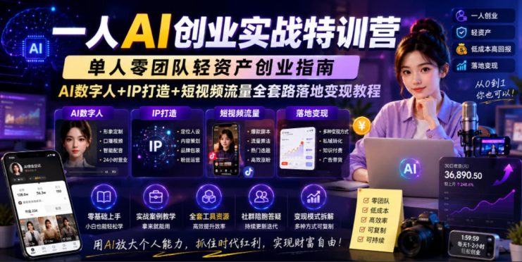 一人AI创业实战特训营，单人零团队轻资产创业指南，AI数字人+IP打造+短视频流量全套路落地变现教程——生财有道创业项目网