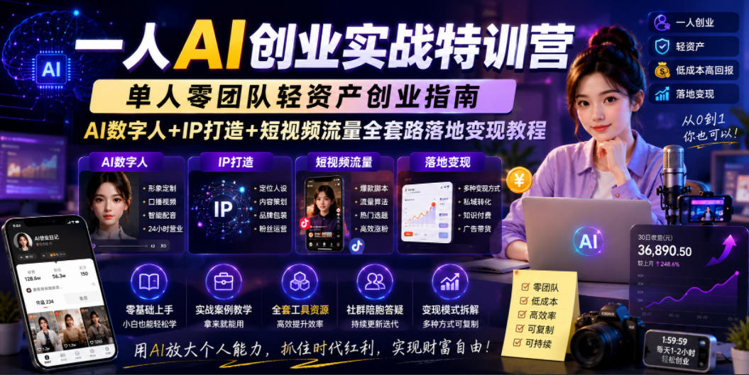 图片[1]-一人AI创业实战特训营，单人零团队轻资产创业指南，AI数字人+IP打造+短视频流量全套路落地变现教程——生财有道创业项目网-生财有道