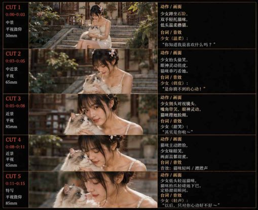 （18909期）美女和猫故事提示词，人物一致性提示词+故事板_生财有道创业项目网