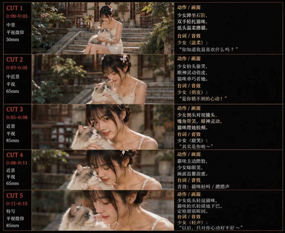 图片[2]-（18909期）美女和猫故事提示词，人物一致性提示词+故事板_生财有道创业项目网-生财有道