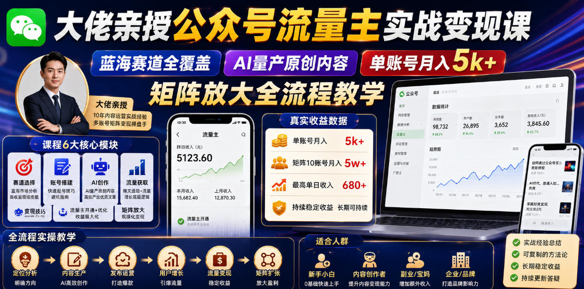 图片[1]-大佬亲授公众号流量主实战变现课，蓝海赛道全覆盖，AI量产原创内容，单账号月入5k+矩阵放大全流程教学——生财有道创业项目网-生财有道