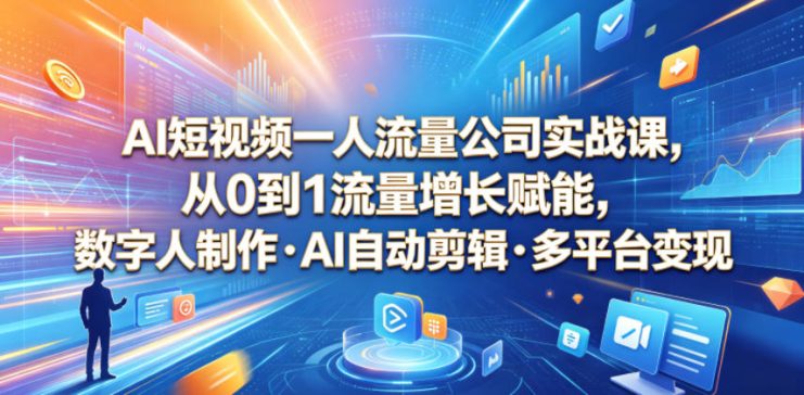 AI短视频一人流量公司实战课，从0到1流量增长赋能，数字人制作・AI自动剪辑・多平台变现，一人做流量生意全落地教程——生财有道创业项目网