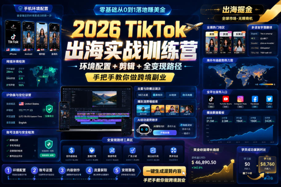 图片[1]-2026 TikTok出海实战训练营，环境配置 + 剪辑 + 全变现路径，手把手教你做跨境副业——生财有道创业项目网-生财有道