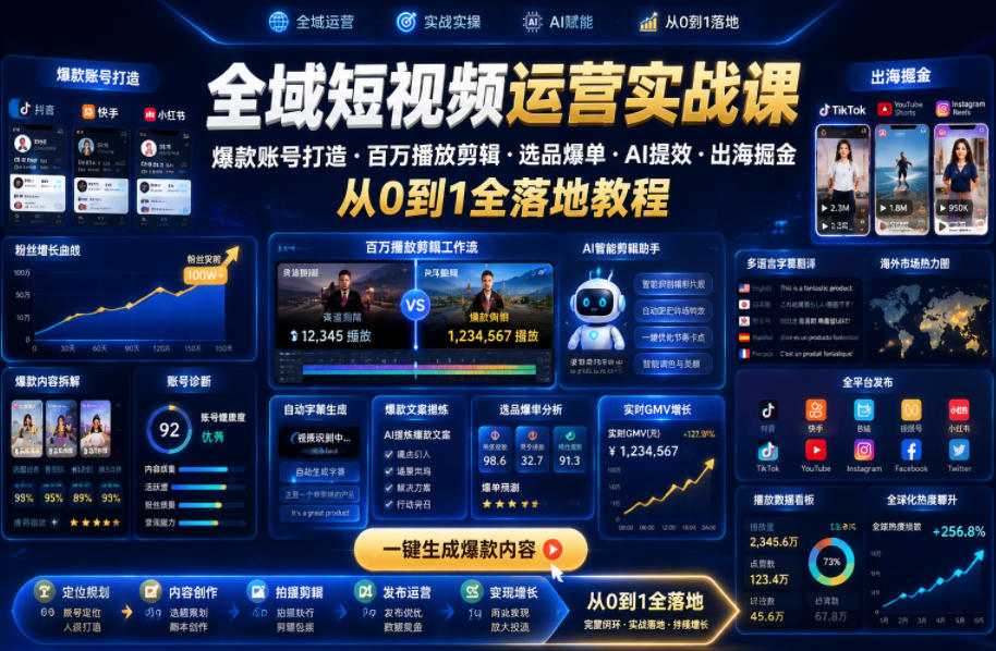 图片[1]-全域短视频运营实战课，爆款账号打造・百万播放剪辑・选品爆单・AI提效・出海掘金，从0到1全落地教程——生财有道创业项目网-生财有道