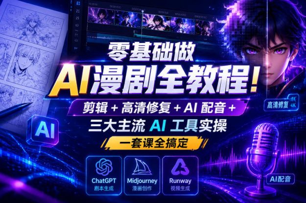 零基础做AI漫剧全教程！剪辑+高清修复+AI配音+三大主流AI工具实操，一套课全搞定——生财有道创业项目网