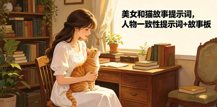 图片[1]-美女和猫故事提示词，人物一致性提示词+故事板——生财有道创业项目网-生财有道