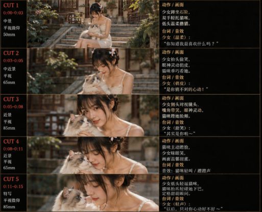 美女和猫故事提示词，人物一致性提示词+故事板——生财有道创业项目网