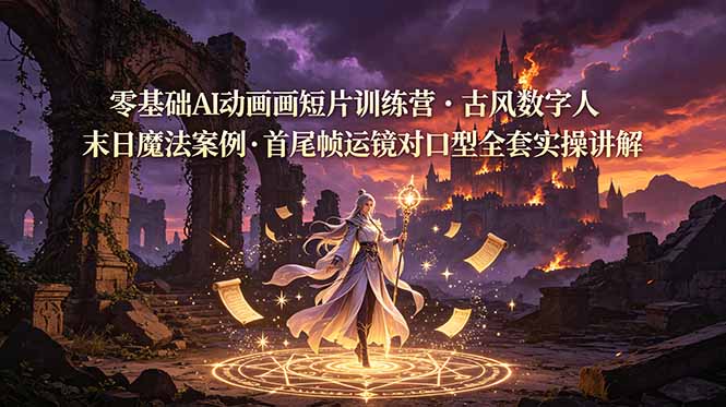 （19078期）零基础AI动画短片训练营，古风数字人末日魔法案例，首尾帧运镜对口型全套实操讲解_生财有道创业项目网