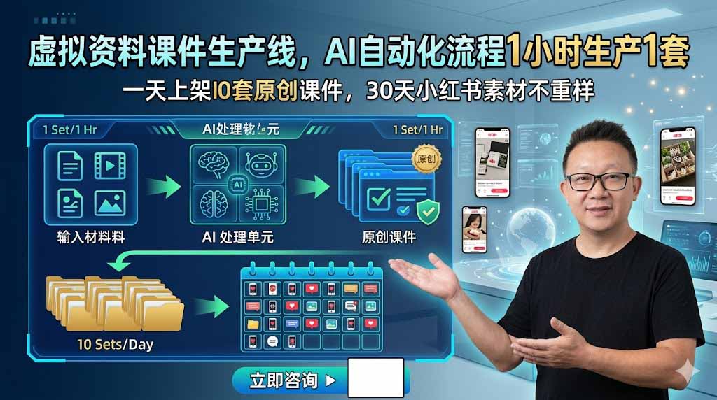 图片[1]-（19091期）虚拟资料课件生产线，AI自动化流程1小时生产1套，一天上架10套原创课件，30天小红书素材不重样_生财有道创业项目网-生财有道