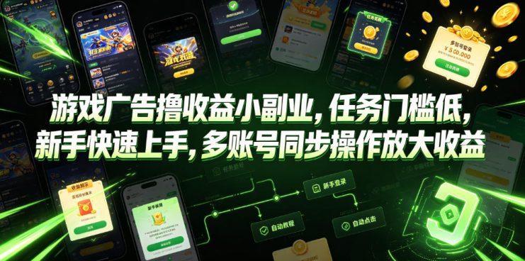 游戏广告撸收益小副业，任务门槛低，新手快速上手，多账号同步操作放大收益——生财有道创业项目网