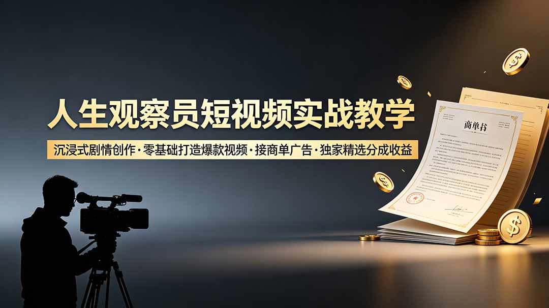 图片[1]-（19113期）人生观察员短视频实战教学，沉浸式剧情创作，零基础打造爆款视频，接商单广告，独家精选分成收益_生财有道创业项目网-生财有道