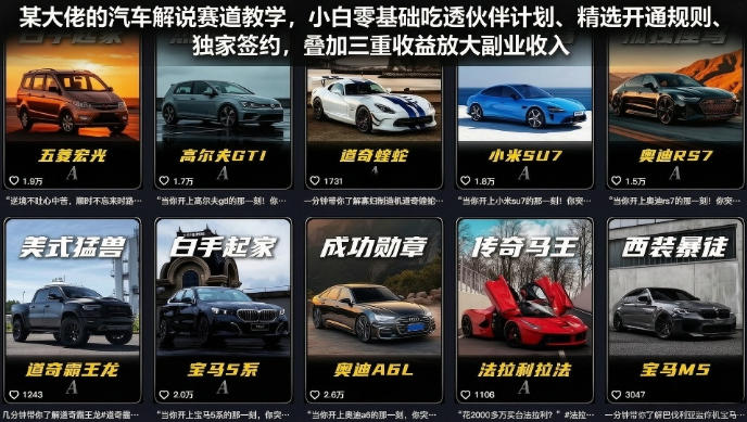 某大佬的汽车解说赛道教学，小白零基础吃透伙伴计划、精选开通规则、独家签约，叠加三重收益放大副业收入——生财有道创业项目网