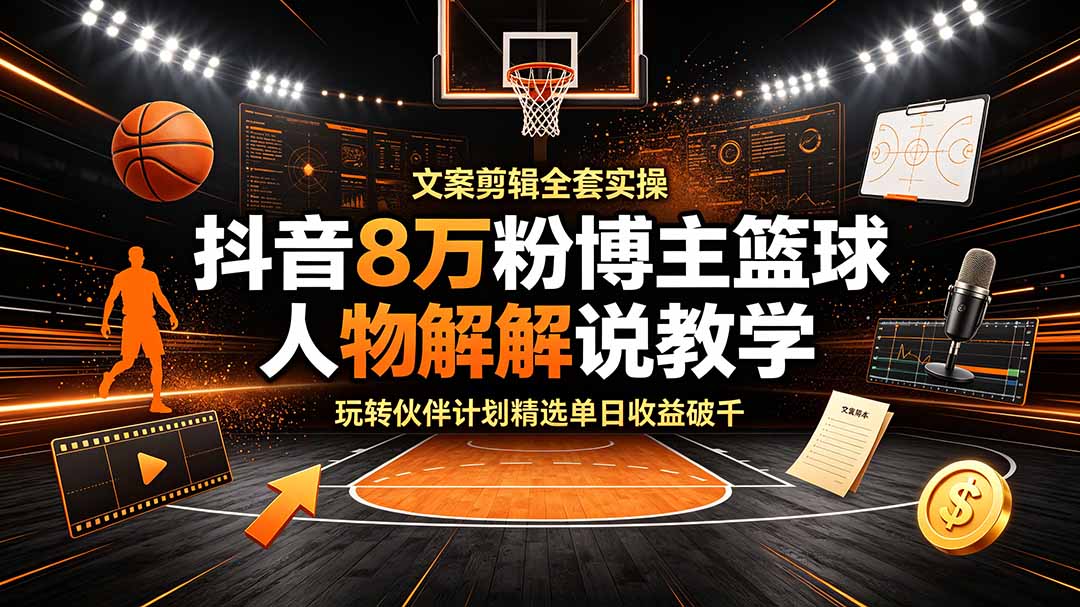 图片[1]-（19135期）抖音8万粉博主篮球人物解说教学，文案剪辑全套实操，玩转伙伴计划精选单日收益破千_生财有道创业项目网-生财有道