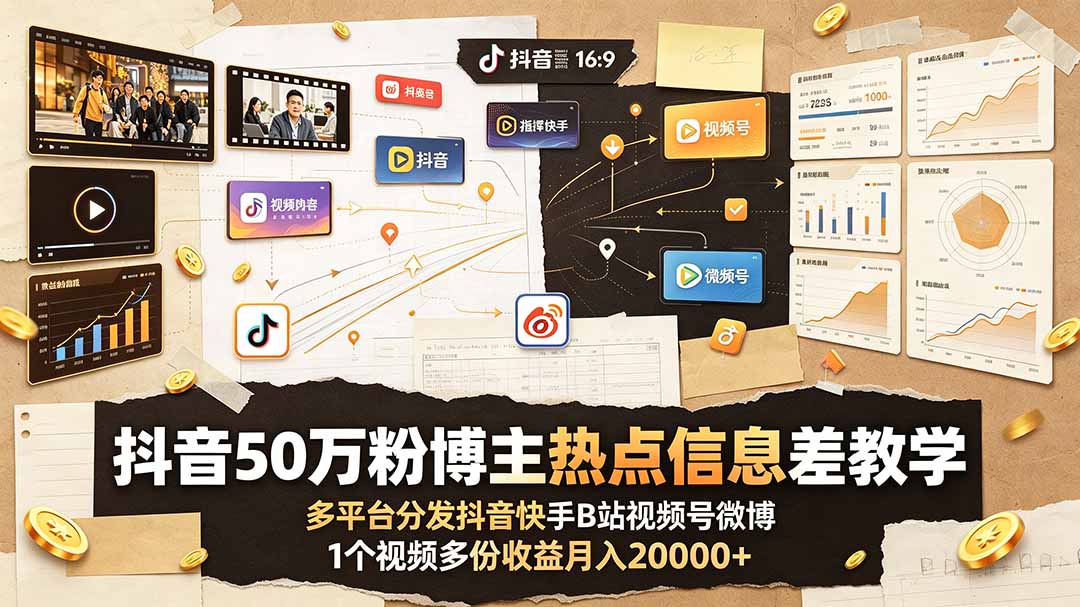 图片[1]-（19145期）抖音50万粉博主热点信息差教学：多平台分发抖音快手B站视频号微博，1个视频多份收益月入20000+_生财有道创业项目网-生财有道