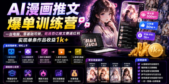 AI漫画推文爆单训练营，一台电脑，零基础可做，吃透百亿推文赛道红利，实现单条作品收益1k+——生财有道创业项目网