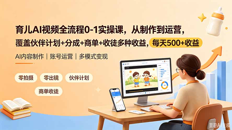 图片[1]-（19236期）育儿AI视频全流程0-1实操课，从制作到运营，覆盖伙伴计划+分成+商单+收徒多种收益，每天500+收益_生财有道创业项目网-生财有道