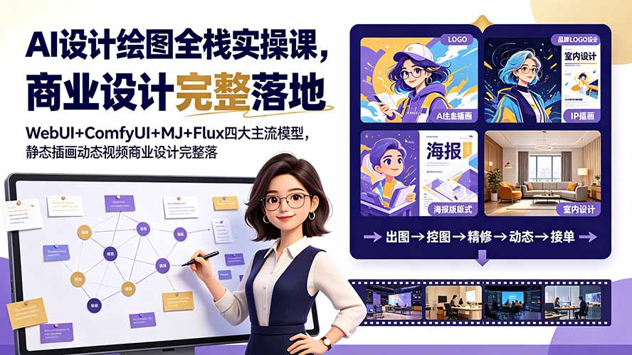 图片[1]-（19244期）AI设计绘图全栈实操课，WebUI+ComfyUI+MJ+Flux四大主流模型，静态插画动态视频商业设计完整落地教程_生财有道创业项目网-生财有道