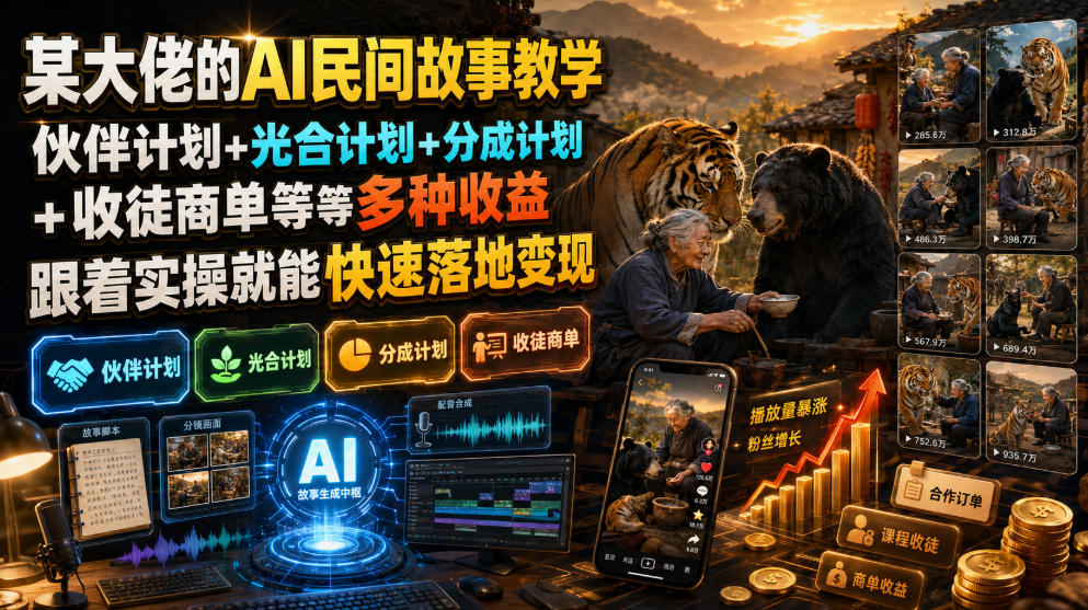 图片[1]-（19360期）某大佬的AI民间故事教学，伙伴计划+光合计划+分成计划+收徒商单等多种收益，跟着实操就能快速落地变现_生财有道创业项目网-生财有道
