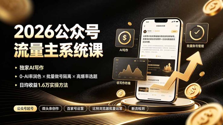 （19405期）2026公众号流量主系统课：独家AI写作×0-AI率润色×批量做号隔离×高爆率选题，日均收益1.6万实操方法_生财有道创业项目网