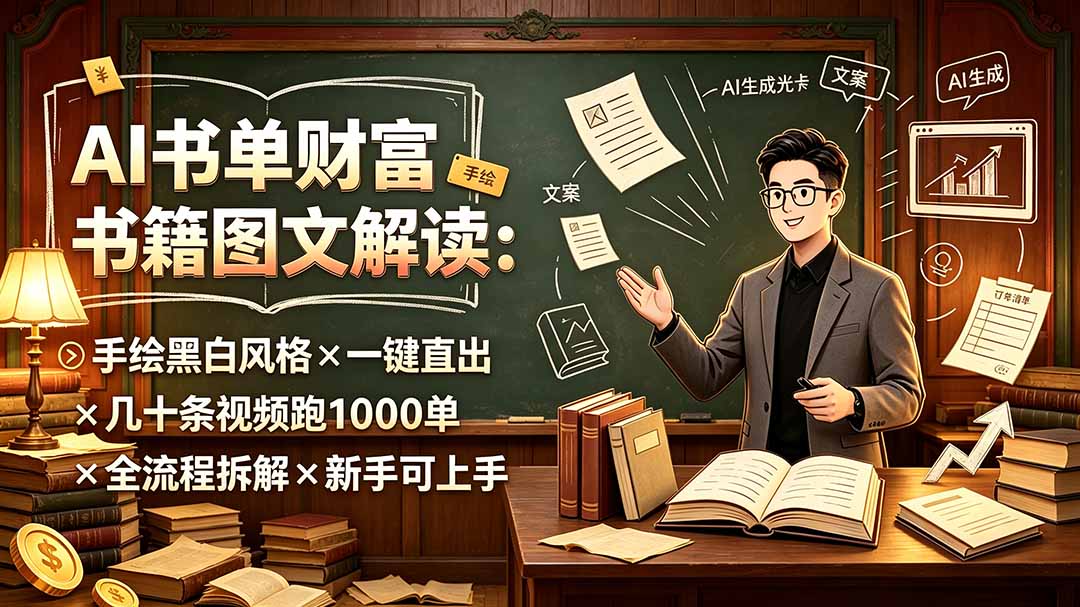 图片[1]-（19515期）AI书单财富书籍图文解读：手绘黑白风格×一键直出×几十条视频跑1000单×全流程拆解×新手可上手_生财有道创业项目网-生财有道