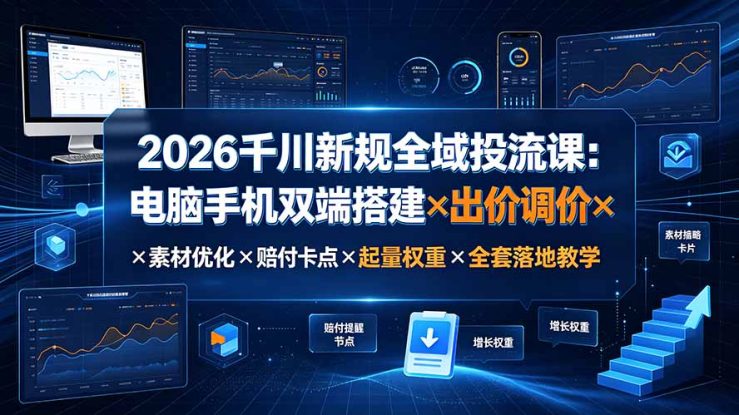 （19513期）2026千川新规全域投流课：电脑手机双端搭建×出价调价×素材优化×赔付卡点×起量权重×全套落地教学_生财有道创业项目网